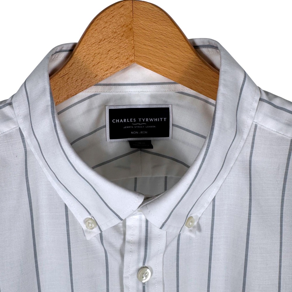Charles Tyrwhitt Slim Fit Non-Iron Striped Short Sleeve Shirt Mens XL White